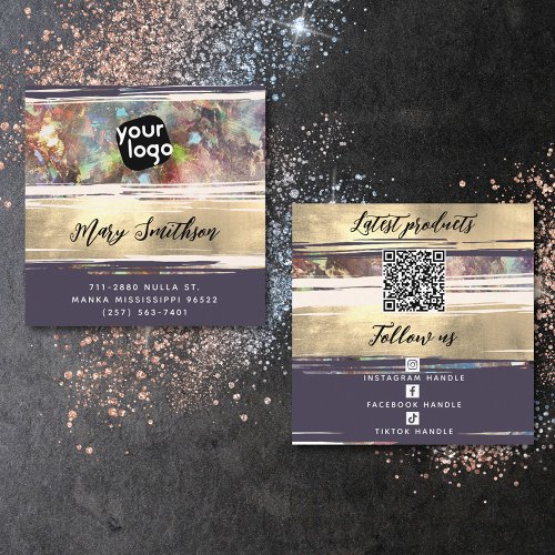   Add Logo Social Media  QR Code Modern Opal Gold Square Business Card