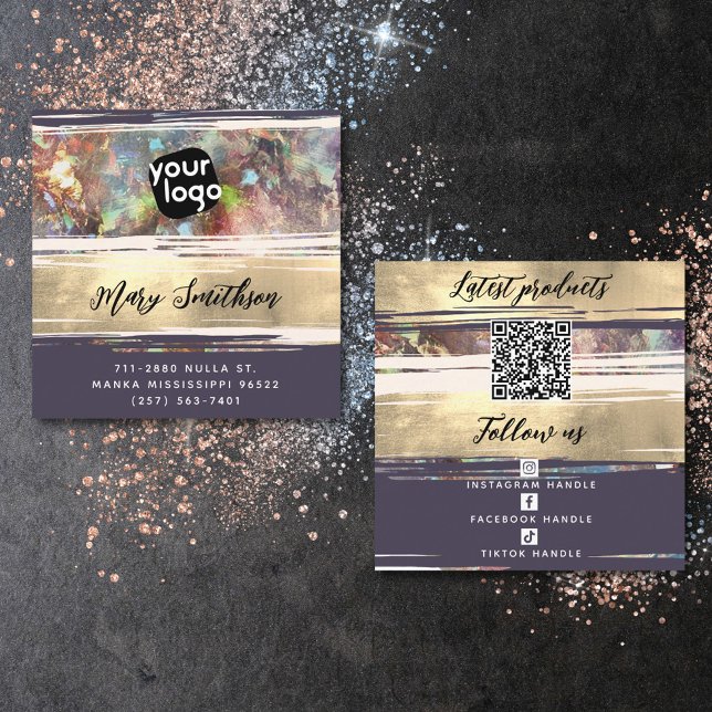   Add Logo Social Media & QR Code Modern Opal Gold Square Business Card (Creator Uploaded)