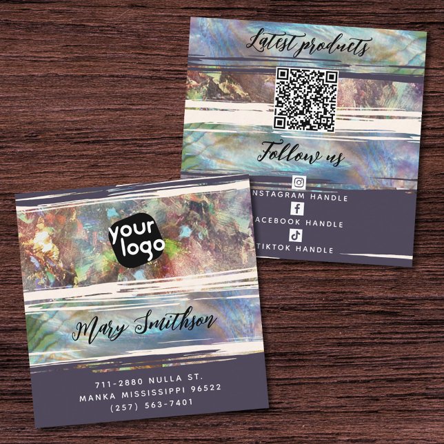 Add Logo Social Media QR Code Mother of Pearl Opal Square Business Card (Creator Uploaded)