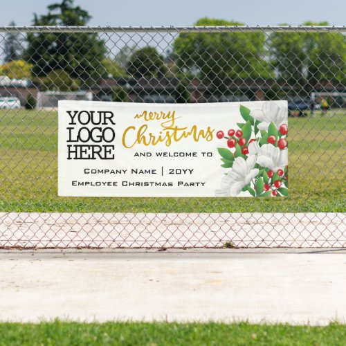 Add Logo Watercolor Floral  Gold Merry Christmas Banner