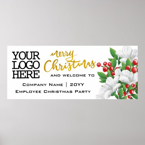 Add Logo Watercolor Floral  Gold Merry Christmas Poster