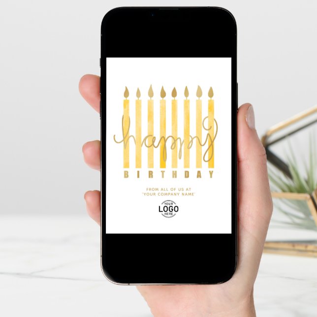 Add Logo Yellow Candles Business Happy Birthday Card (Front Digital)
