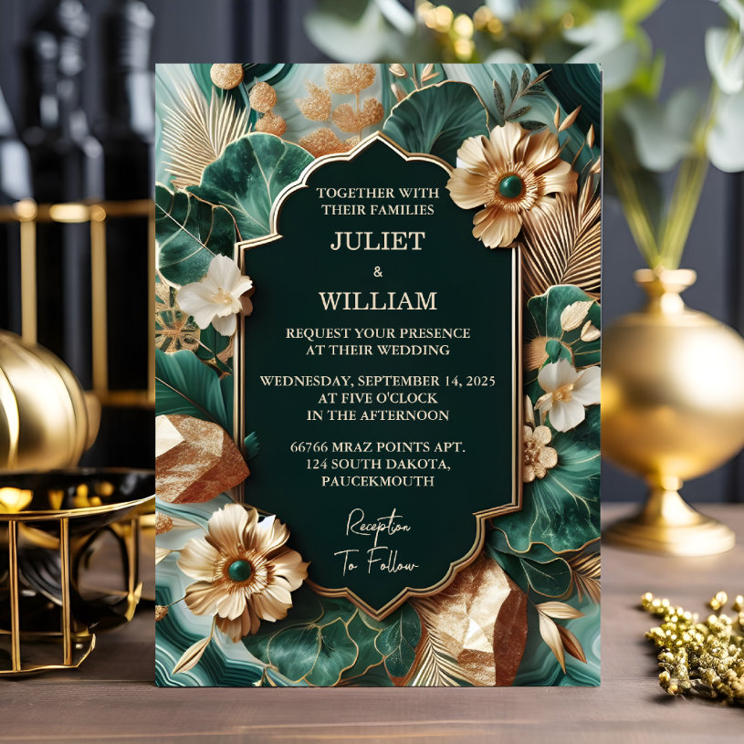 Add Marble Monstera Emerald Green And Gold                    Wedding Invitation