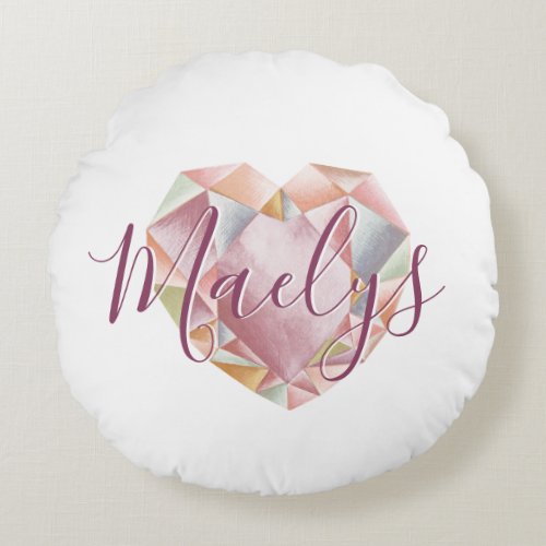 Add Monogram Or Name Cute Blush Pink Heart Diamond Round Pillow
