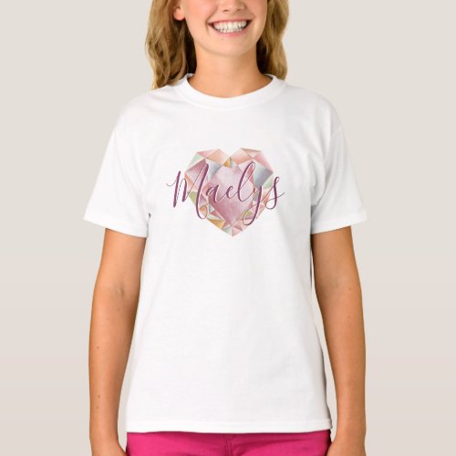 Add Monogram Or Name Cute Blush Pink Heart Diamond T_Shirt