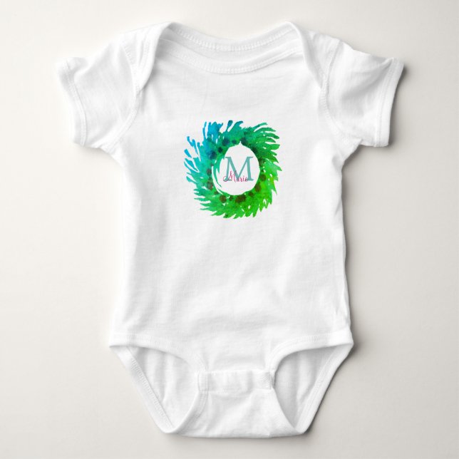 Add monogram pink green green Christmas wreath Baby Bodysuit (Front)