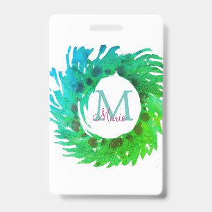 Add monogram pink green green Christmas wreath Badge