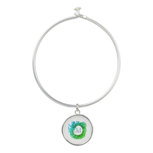 Add monogram pink green green Christmas wreath Bangle Bracelet (Front)