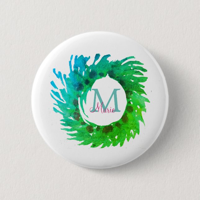 Add monogram pink green green Christmas wreath Button (Front)