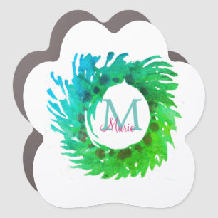 Add monogram pink green green Christmas wreath Car Magnet