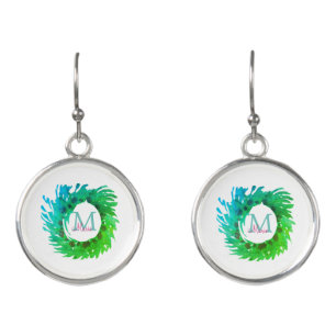 Add monogram pink green green Christmas wreath Earrings