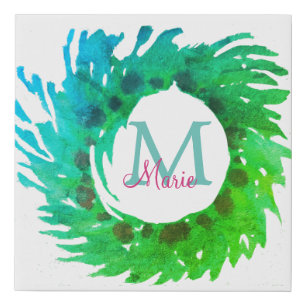 Add monogram pink green green Christmas wreath Faux Canvas Print