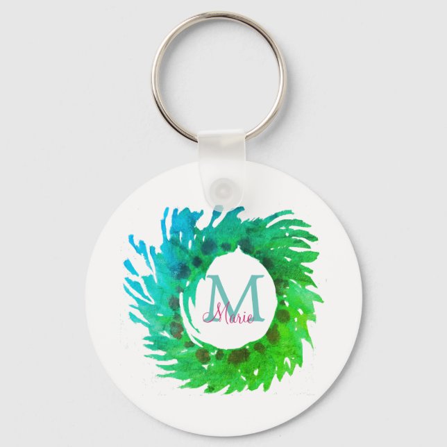 Add monogram pink green green Christmas wreath Keychain (Front)
