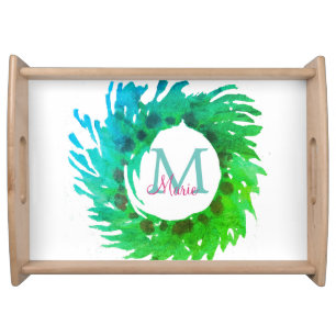 Add monogram pink green green Christmas wreath Serving Tray