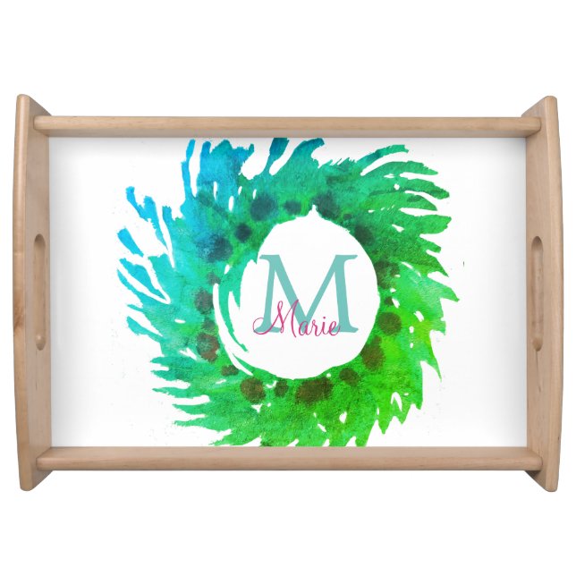 Add monogram pink green green Christmas wreath Serving Tray (Front)