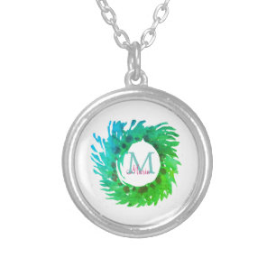 Add monogram pink green green Christmas wreath Silver Plated Necklace