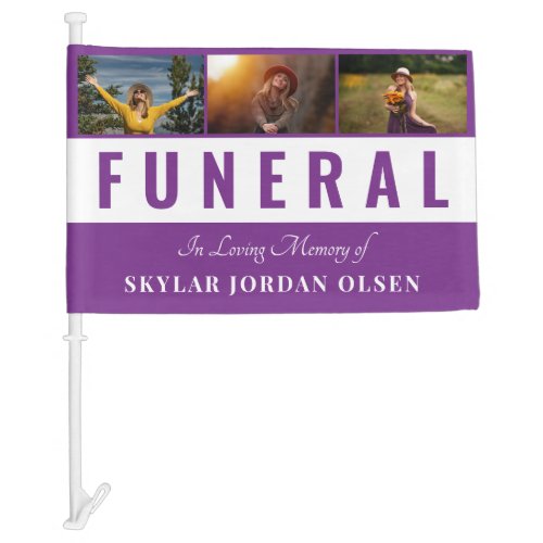 Add Name 3 Photos Purple White Funeral Procession Car Flag