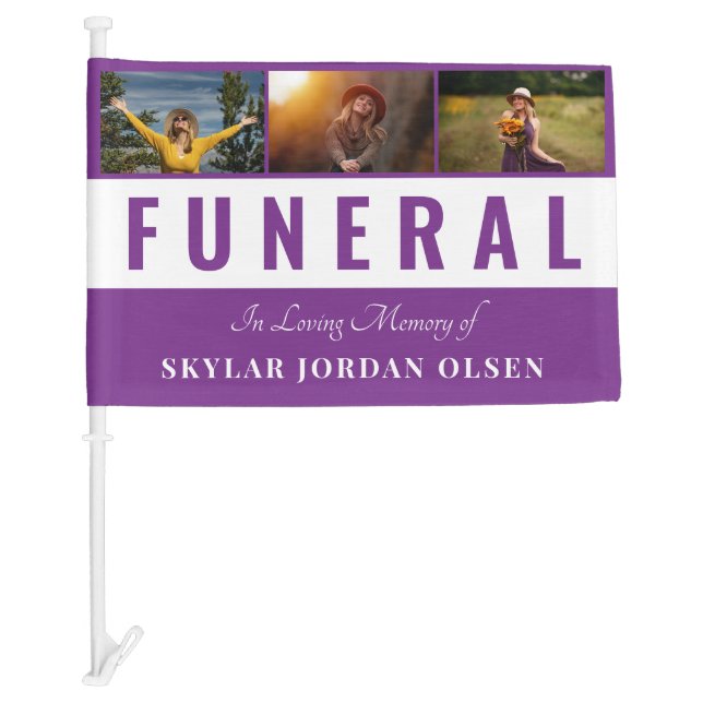 Add Name 3 Photos Purple White Funeral Procession Car Flag (Front)