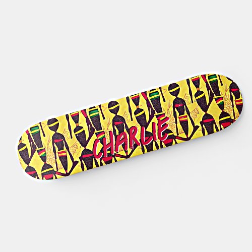 Add Name Abstract African Figures on Yellow Skateboard