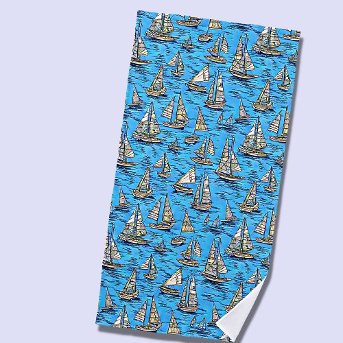 Add Name Abstract Sailing Boats on Blue Seas Beach Towel