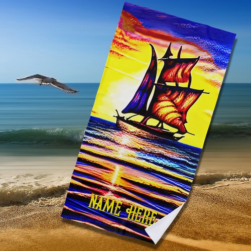 Add Name Abstract Sailing Ship with Brown Sails Beach Towel