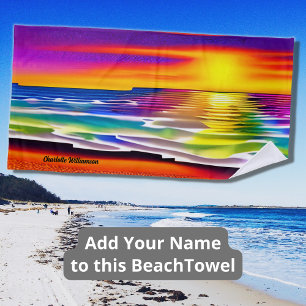 Add Name, Abstract Sunset Over the Ocean Beach Towel