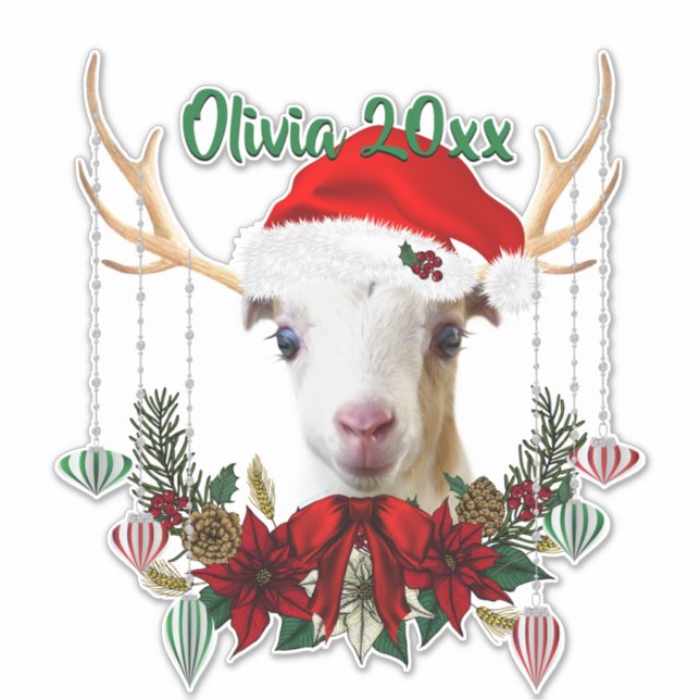 ADD NAME - Adorable Christmas LaMancha Goat Kid Sticker (Front)
