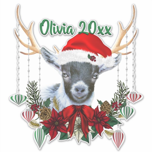 ADD NAME - Adorable Christmas Pygmy Goat Kid Sticker (Front)