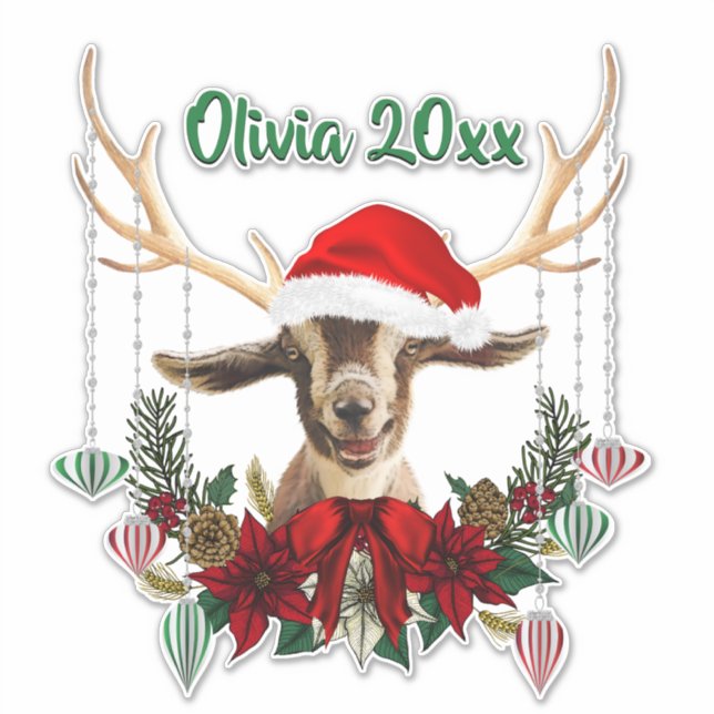 ADD NAME - Adorable Christmas Toggenburg Goat Kid Sticker (Front)