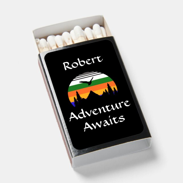 Add Name Adventure Awaits Retro Sunset Camper Matchboxes (Front Open)