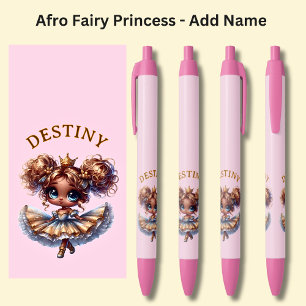 Add Name, Afro Fairy Princess Dancing on Pink Pen