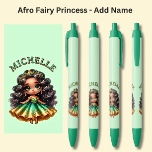 Add Name, Afro Fairy Princess with Jewels on Green Pen
