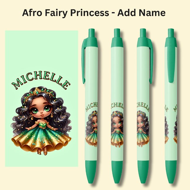 Add Name, Afro Fairy Princess with Jewels on Green Pen (Creator Uploaded)