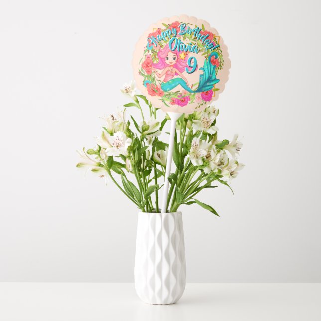 Add Name Age Pink Mermaid Blue Tail Birthday Party Balloon (Vase)