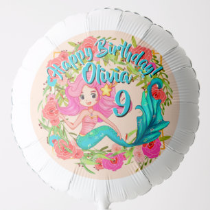 Add Name Age Pink Mermaid Blue Tail Birthday Party Balloon