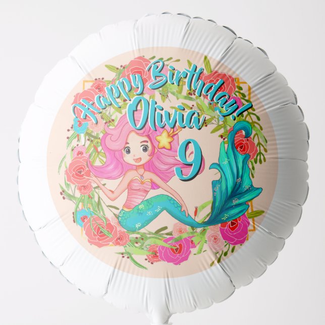 Add Name Age Pink Mermaid Blue Tail Birthday Party Balloon (Front)