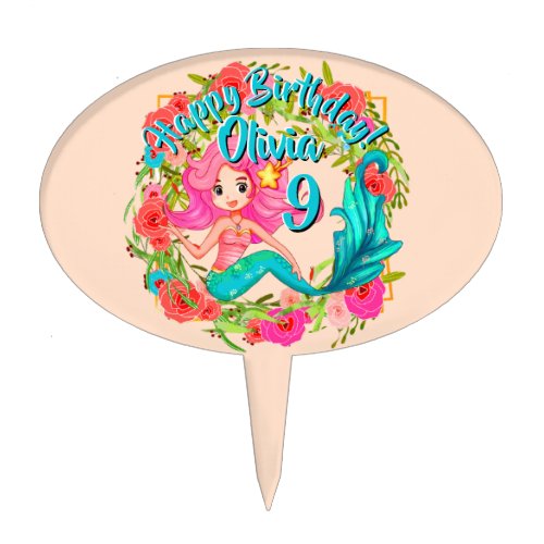 Add Name Age Pink Mermaid Blue Tail Birthday Party Cake Topper