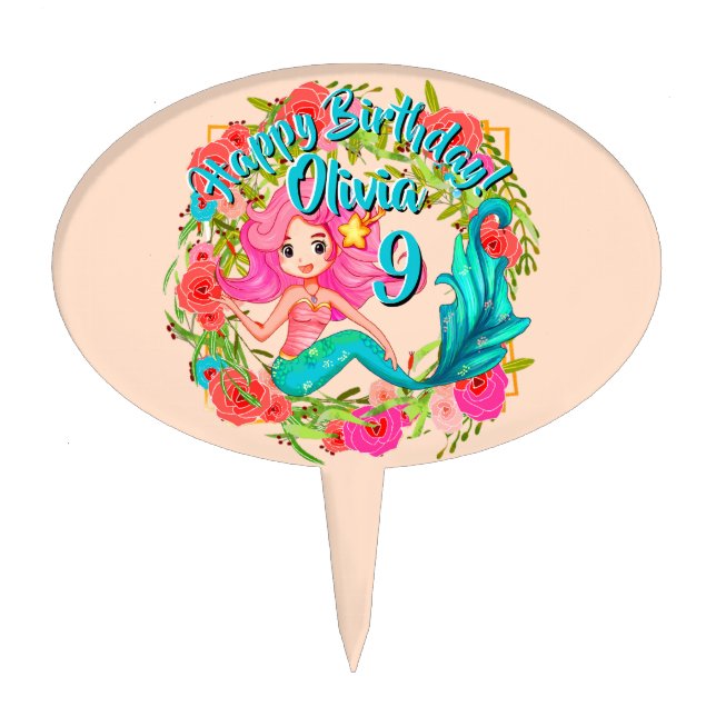 Add Name Age Pink Mermaid Blue Tail Birthday Party Cake Topper (Front)