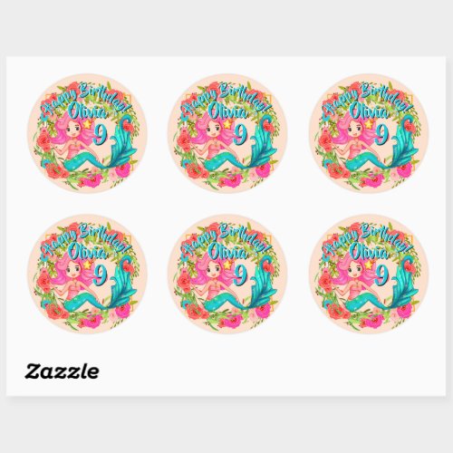 Add Name Age Pink Mermaid Blue Tail Birthday Party Classic Round Sticker