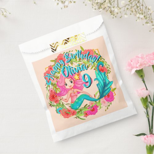 Add Name Age Pink Mermaid Blue Tail Birthday Party Favor Bag