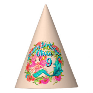 Add Name Age Pink Mermaid Blue Tail Birthday Party Hat