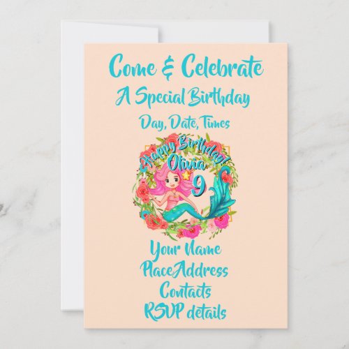 Add Name Age Pink Mermaid Blue Tail Birthday Party Invitation