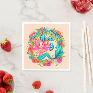 Add Name Age Pink Mermaid Blue Tail Birthday Party Napkins