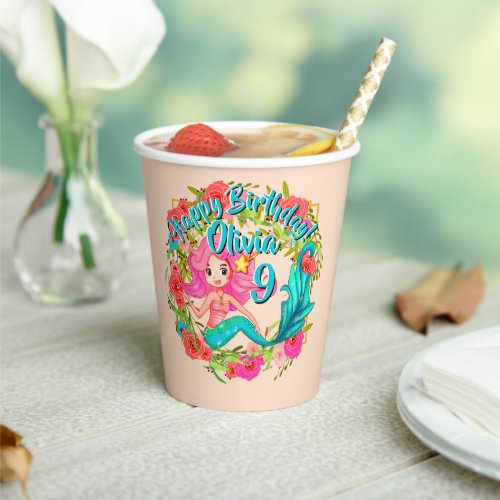 Add Name Age Pink Mermaid Blue Tail Birthday Party Paper Cups