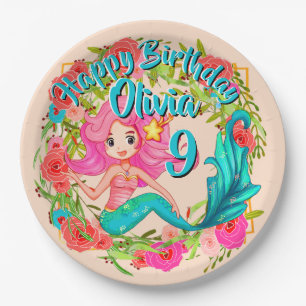 Add Name Age Pink Mermaid Blue Tail Birthday Party Paper Plates