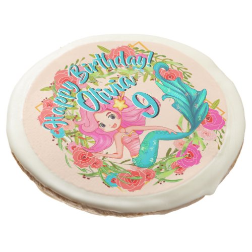 Add Name Age Pink Mermaid Blue Tail Birthday Party Sugar Cookie
