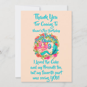 Add Name Age Pink Mermaid Blue Tail Birthday Party Thank You Card
