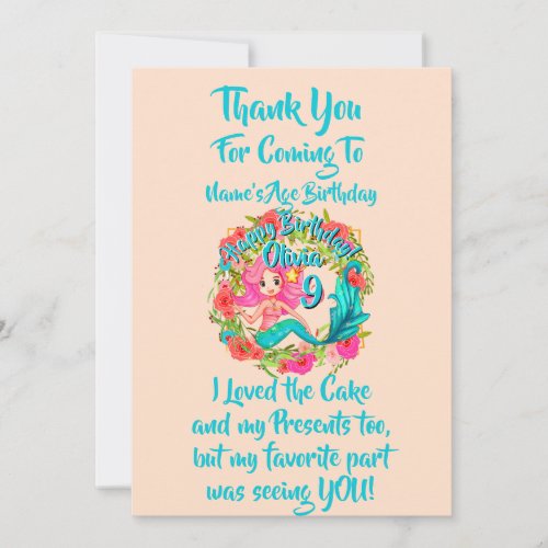 Add Name Age Pink Mermaid Blue Tail Birthday Party Thank You Card