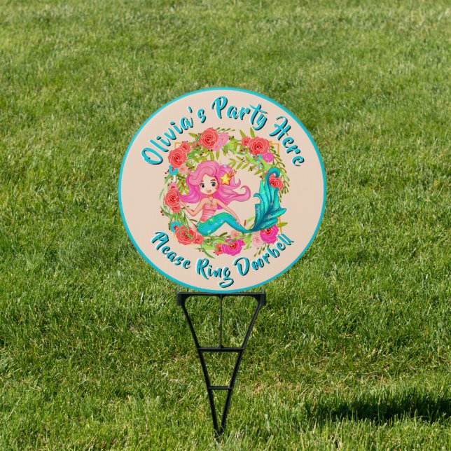 Add Name Age Pink Mermaid Blue Tail Birthday Yard Sign (Insitu)