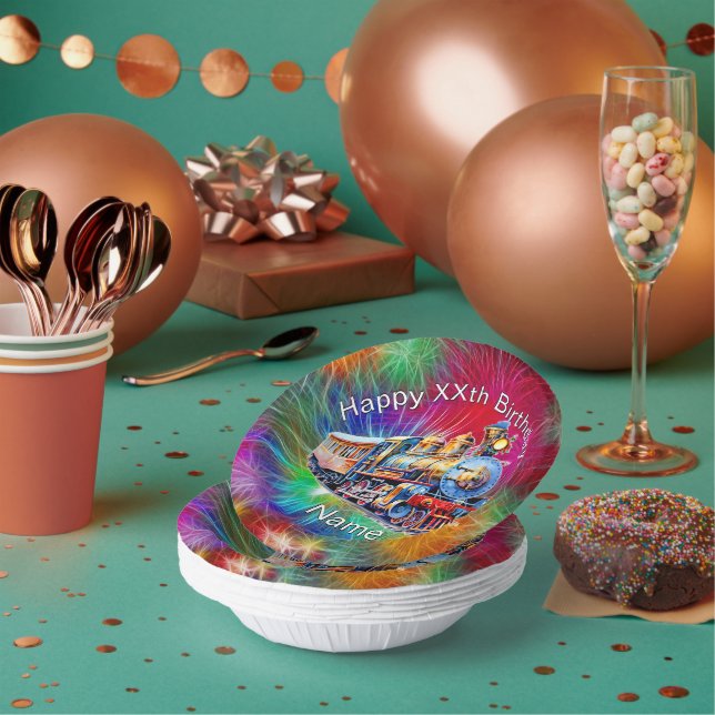 Add Name Age, Steam Train Birthday Party        Paper Bowls (Multi)